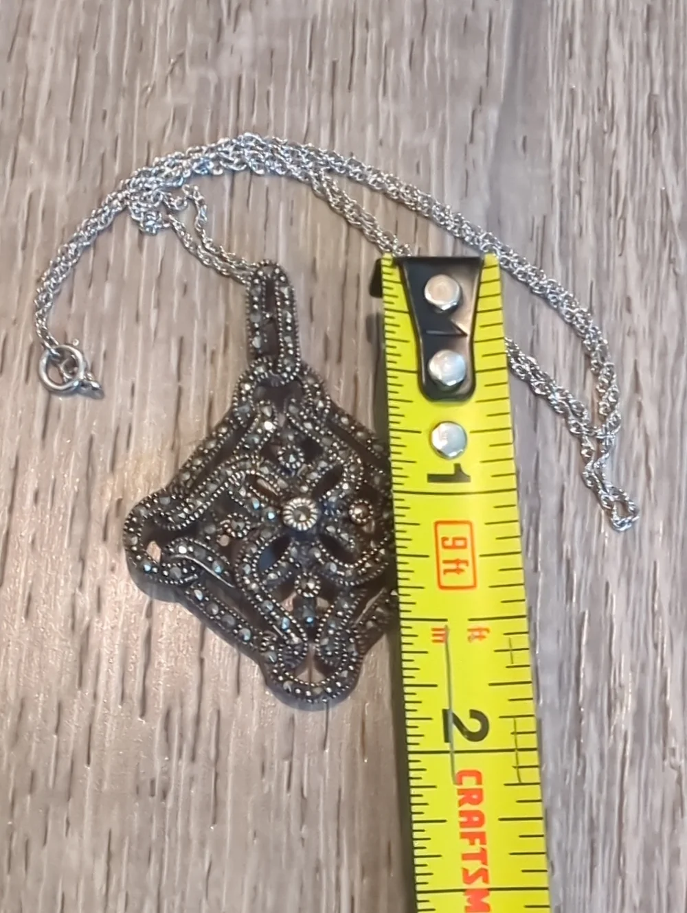Vintage Marcasite Sterling Silver Filigree Pendant Necklace